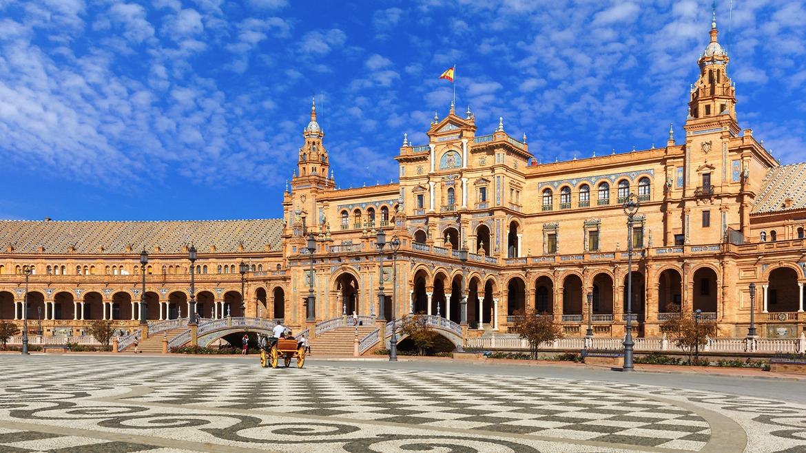 The Plaza España in Seville. Tiles that tell a story: Malaga